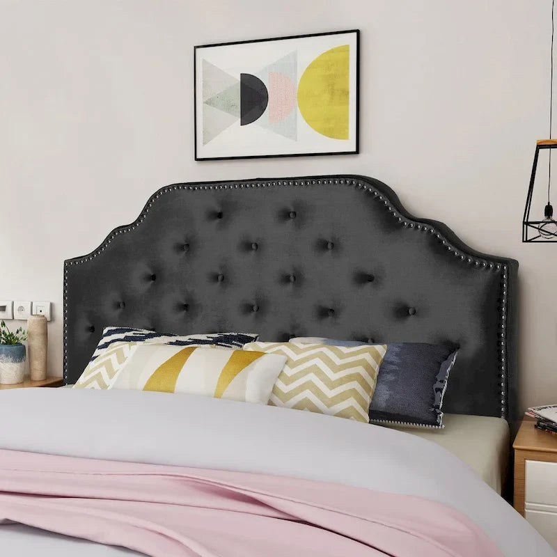 Cabeceira Queen Size Glam Velvet com Botões, Costura Diamante e Tachas Decorativas