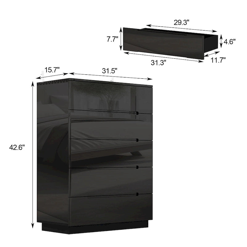 Cómoda de 5 Gavetas para Quarto Branco Brilhante de Aglomerado de Partículas com Luz LED