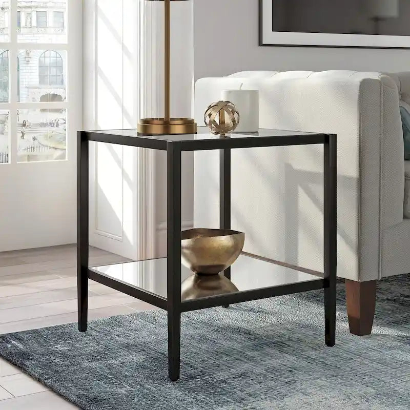 Mesa Lateral Quadrada de Aço de 20 Polegadas Tampo de Vidro Temperado e Prateleira de Espelho