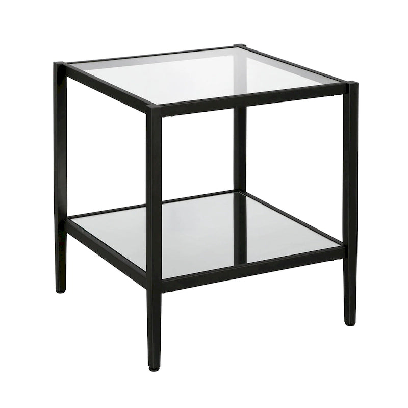 Mesa Lateral Quadrada de Aço de 20 Polegadas Tampo de Vidro Temperado e Prateleira de Espelho