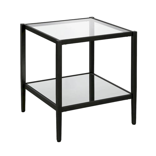Mesa Lateral Quadrada de Aço de 20 Polegadas Tampo de Vidro Temperado e Prateleira de Espelho