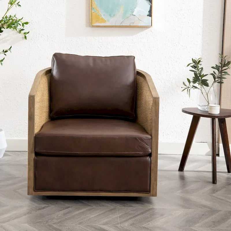 Poltrona Redonda Giratória 360 Graus Tipo Barril em Bouclé e Rattan com Base de Metal 136 kg