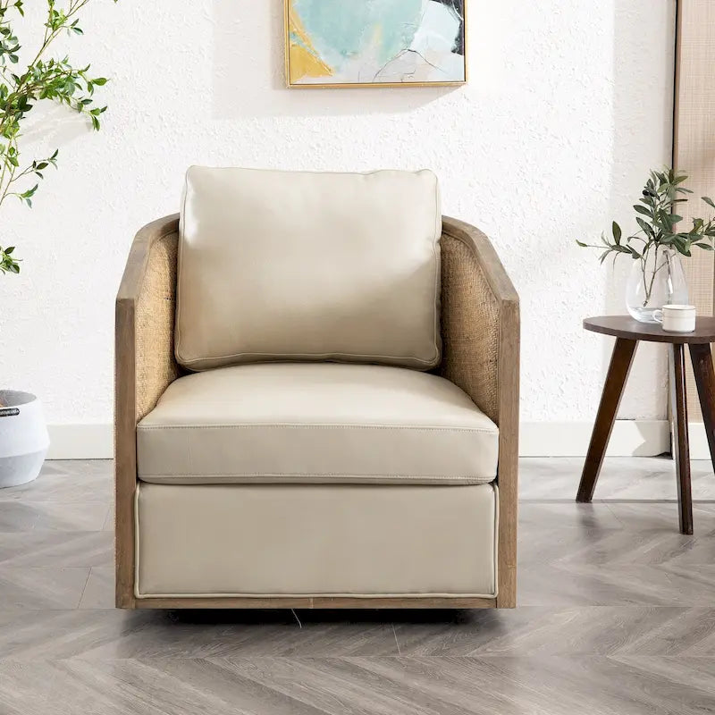 Poltrona Redonda Giratória 360 Graus Tipo Barril em Bouclé e Rattan com Base de Metal 136 kg