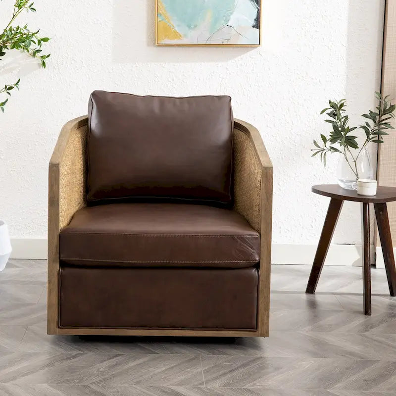 Poltrona Redonda Giratória 360 Graus Tipo Barril em Bouclé e Rattan com Base de Metal 136 kg