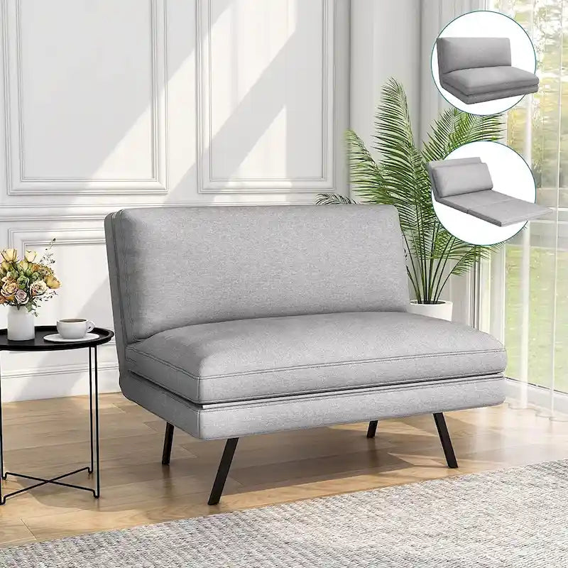 Sofá-Cama Futon Dobrável em Espuma de Memória, Sofá de Dois Lugares Conversível com Braços Ajustáveis