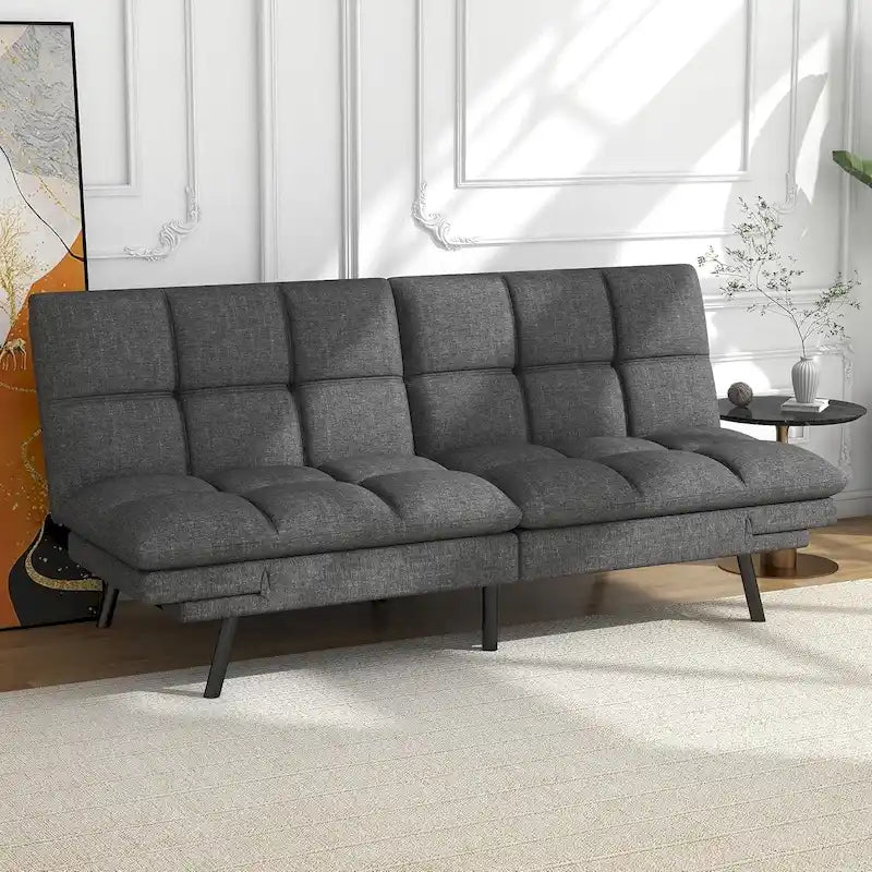 Sofá-Cama Futon Dobrável em Espuma de Memória, Sofá de Dois Lugares Conversível com Braços Ajustáveis