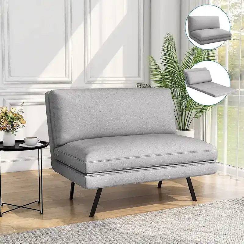 Sofá-Cama Futon Dobrável em Espuma de Memória, Sofá de Dois Lugares Conversível com Braços Ajustáveis
