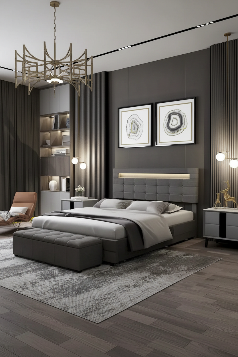 Base de Cama de Casal com Gavetas de Armazenamento, Cabeceira Estofada Ajustável, Luzes LED e USB