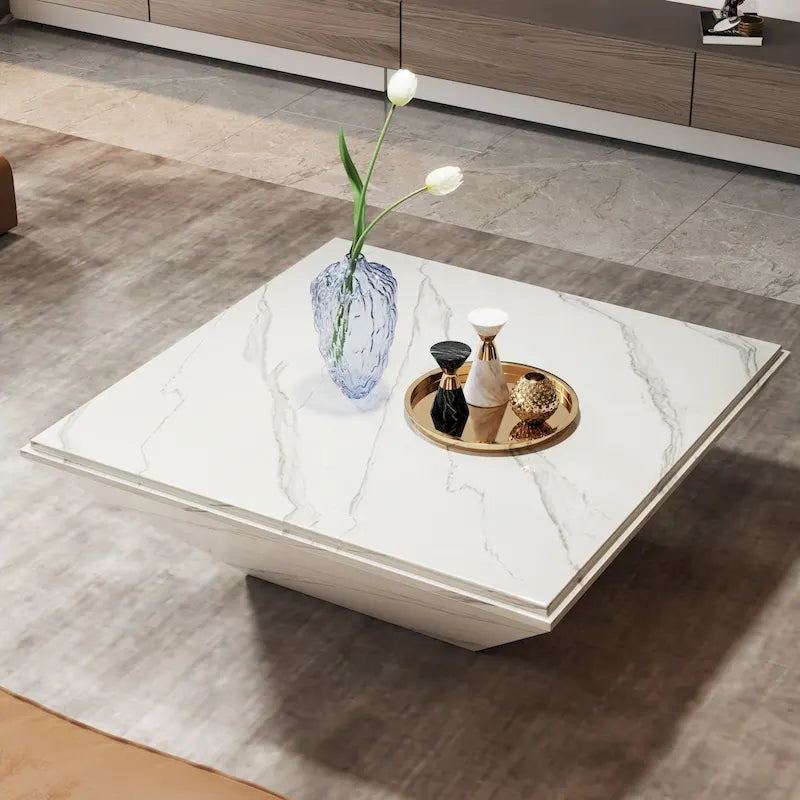 Mesa de Centro Quadrada de 35,43 Polegadas Tampo de Imitação de Mármore Branco Madeira Composta