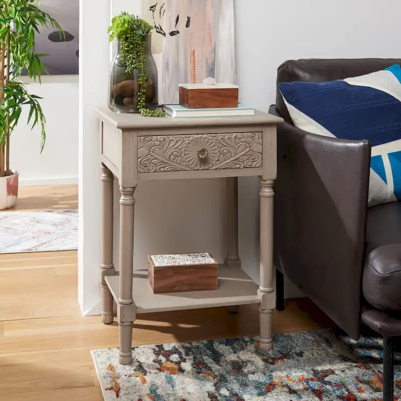 Mesa de Apoio com Gaveta Esculpida Floral, Charme Clássico e Estrutura de Estilo Antigo